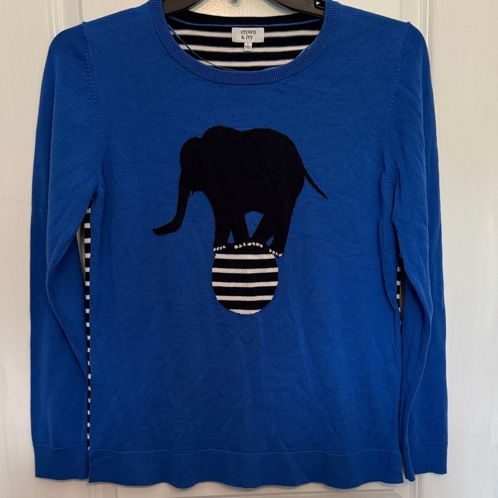 crown & ivy Blue Sweater with Elephant Design